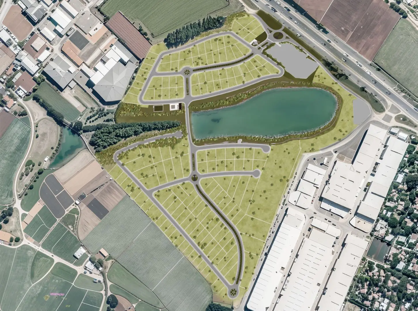 Masterplan do Castelpark com quadras e lago natural